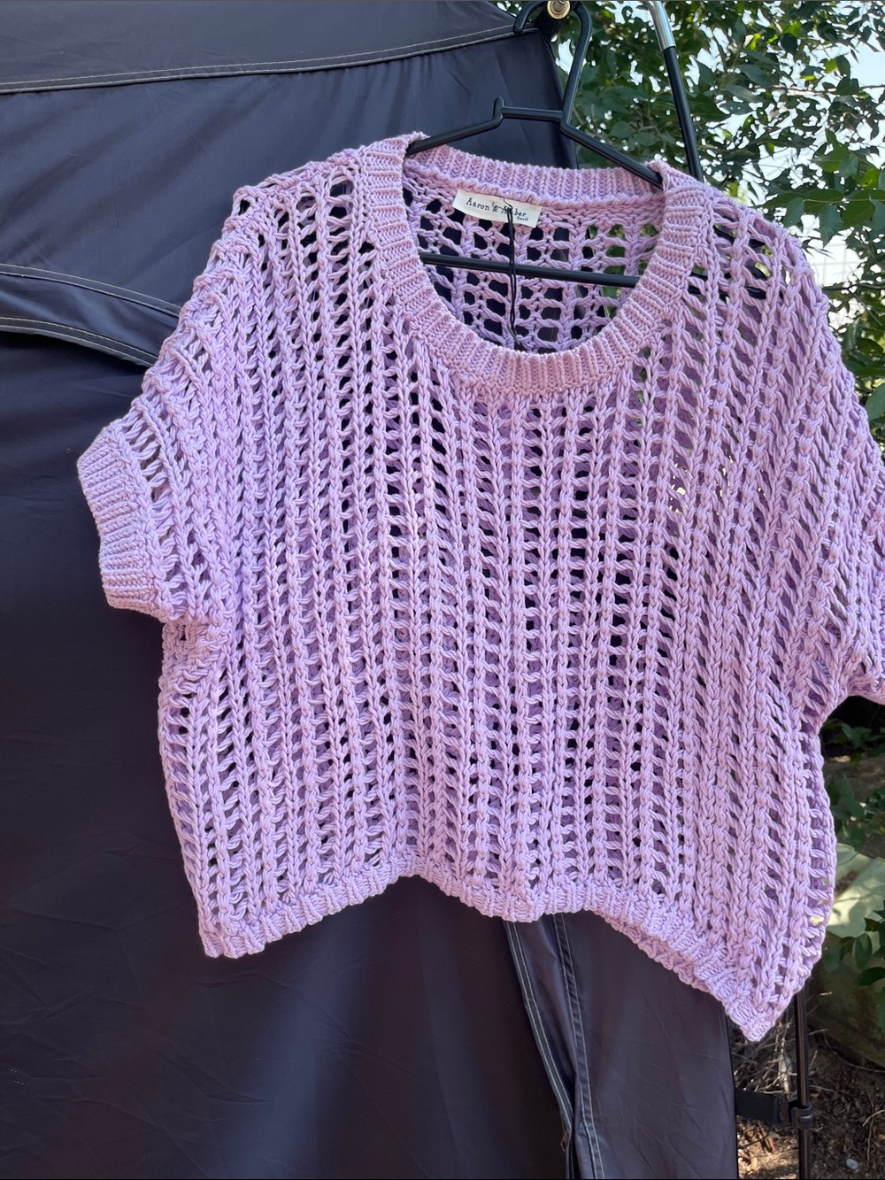 Aaron and Amber Lilac Open-Knit Short Sleeve Crew Sweater